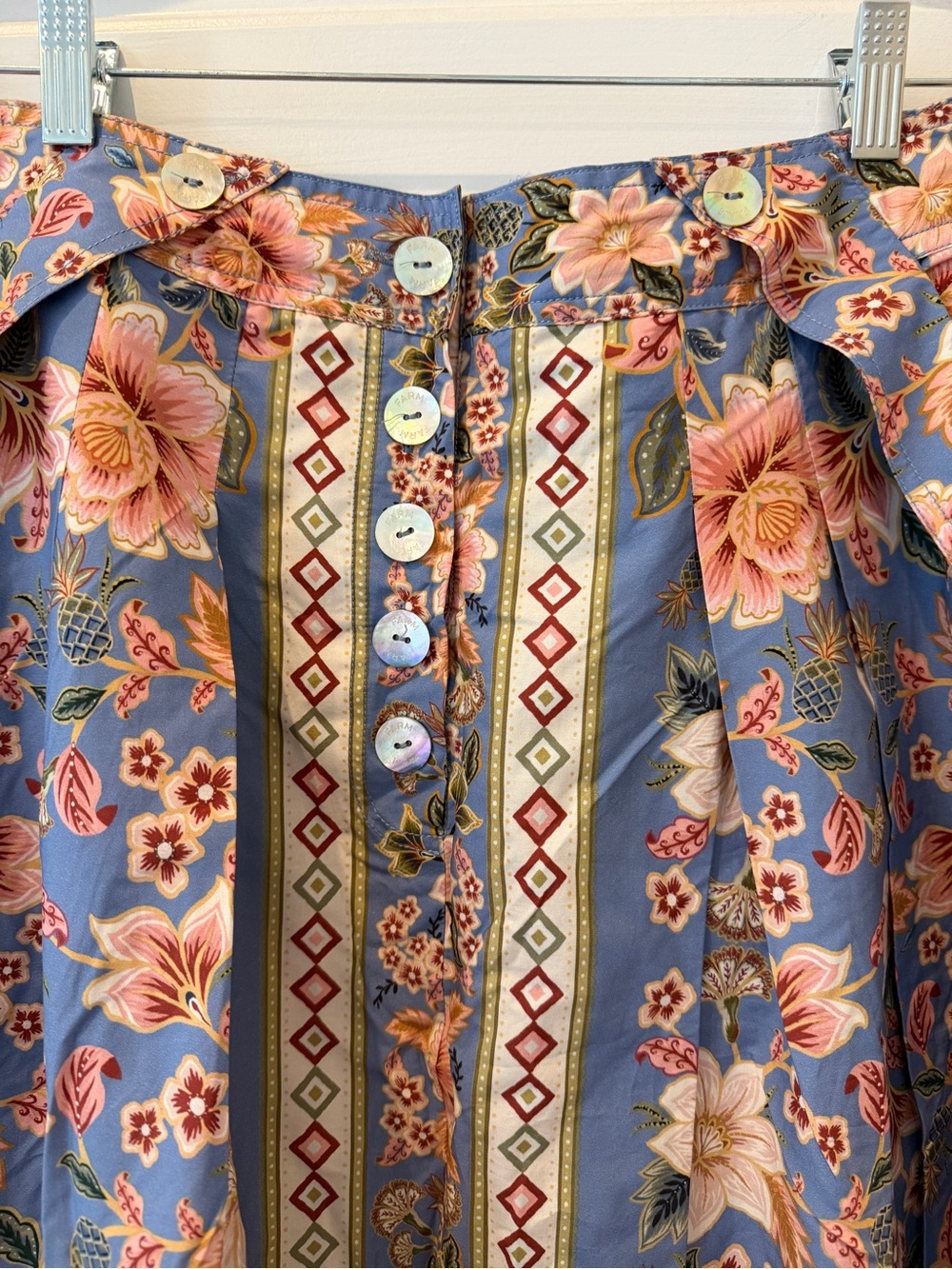 FARM Rio Blue Floral Border Midi Skirt with Pink Blossoms size S - Picture 5 of 9